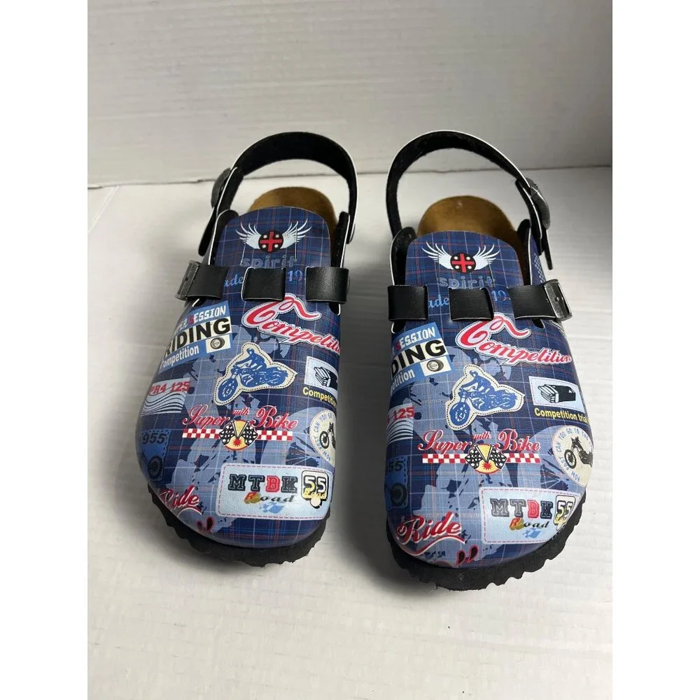 Birkis Original Kay Racing Motorbikes Slip-On Clogs Mens Size 9 Blue/Black